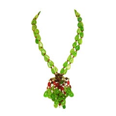 CHANEL Green/Red Two-Strand Necklace W/Glass, Crystals & Faux Pearl Cluster 12