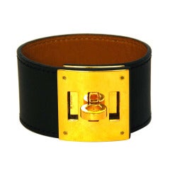 HERMES Black Leather Kelly Dog Cuff W/Gold Hardware