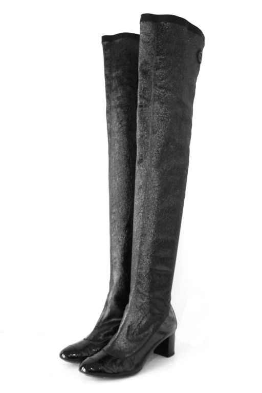 Women's CHANEL BLACK PATENT THIGH HIGH TALL BOOTS