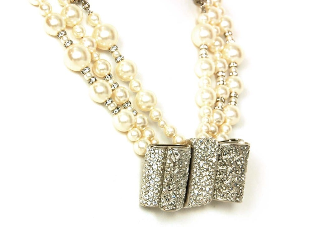 CHANEL NIB 2013 Three-Strand Pearl Choker With Crystal Bow