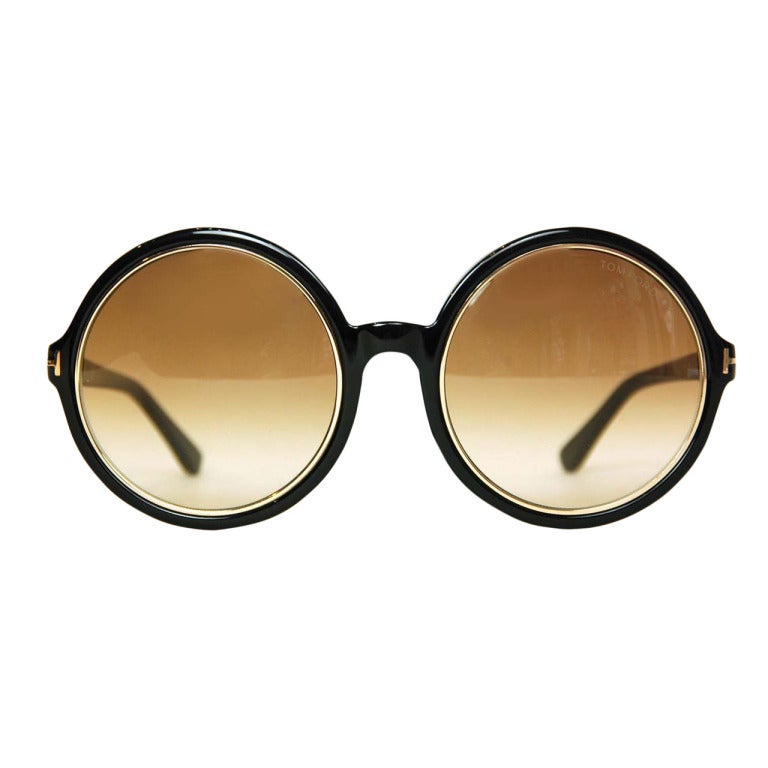TOM FORD Black Round Sunglasses with Gold Trim