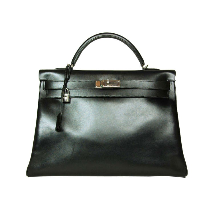 Hermes 40cm Black Box Leather Retourne Kelly Bag w. Strap PHW