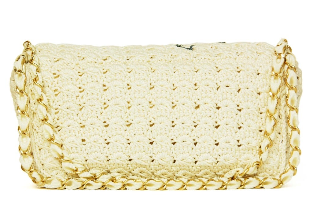 CHANEL Ivory Crochet Floral Runway Flap Bag RT. $4545 c. 2010 In Excellent Condition In New York, NY