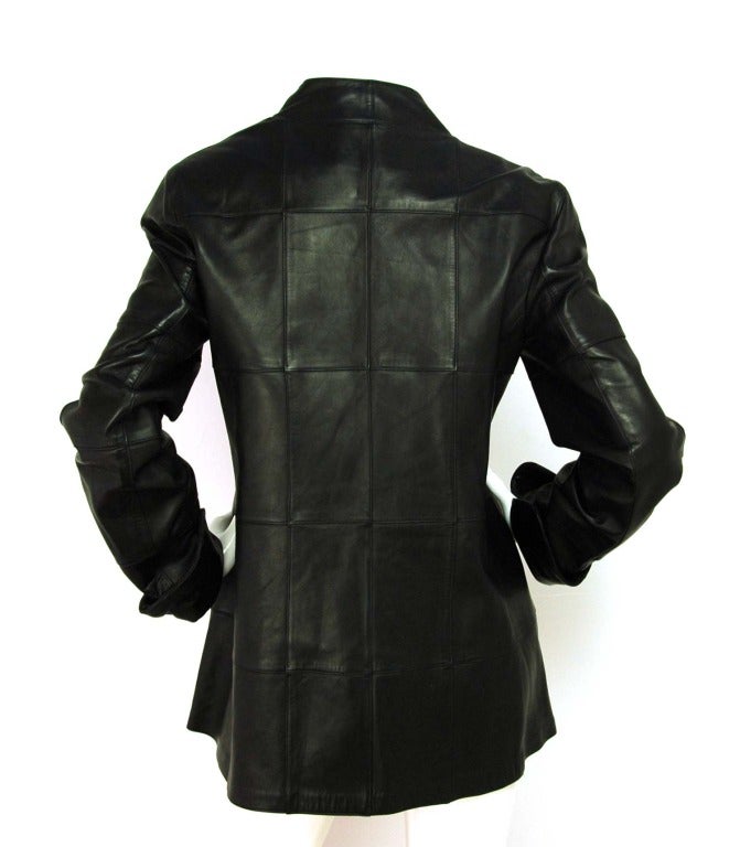 CHANEL 2000 Black Leather Square Quilted Coat Jacket Sz. 44 In Excellent Condition In New York, NY