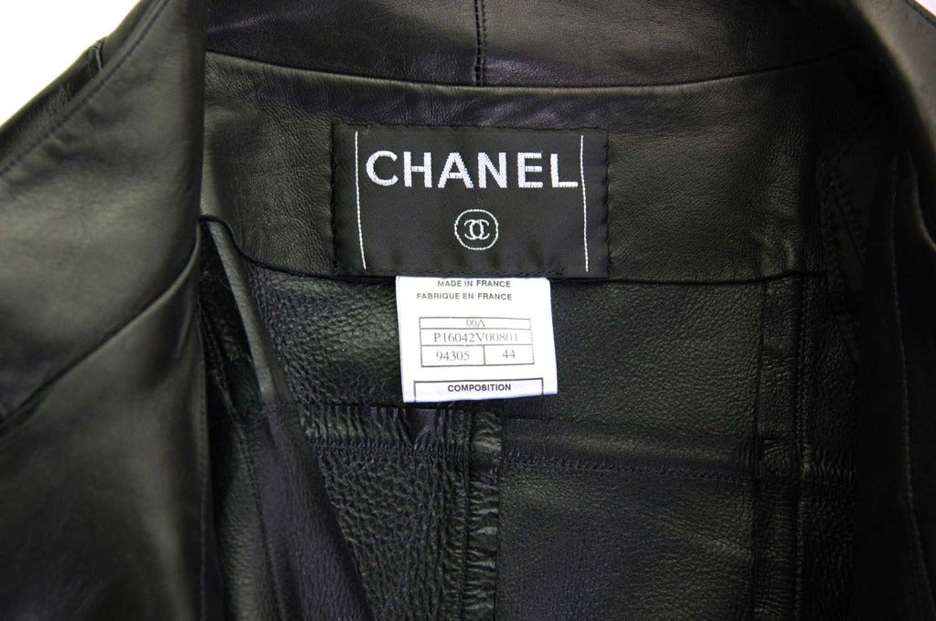 Women's CHANEL 2000 Black Leather Square Quilted Coat Jacket Sz. 44