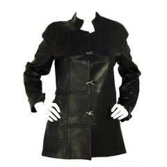 CHANEL 2000 Black Leather Square Quilted Coat Jacket Sz. 44