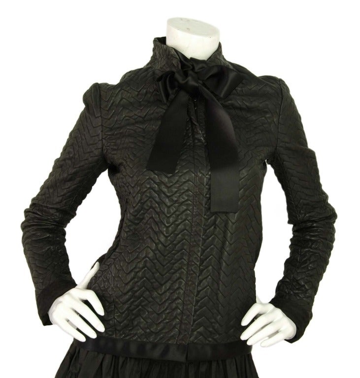 CHANEL Black Chevron Embossed Leather Jacket W. Satin Neck Tie Sz. 38 c. 2003 In Excellent Condition In New York, NY