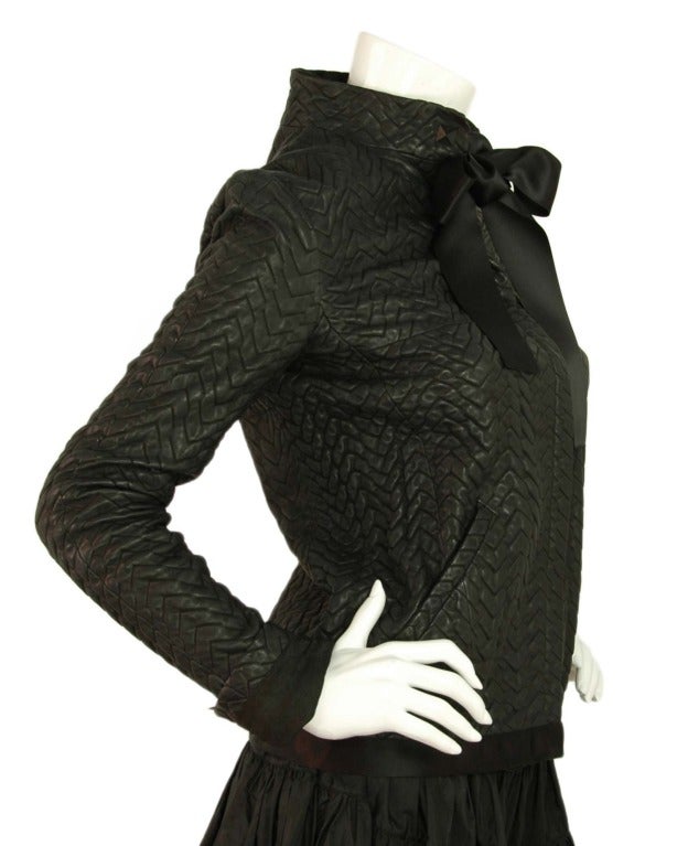 Women's CHANEL Black Chevron Embossed Leather Jacket W. Satin Neck Tie Sz. 38 c. 2003