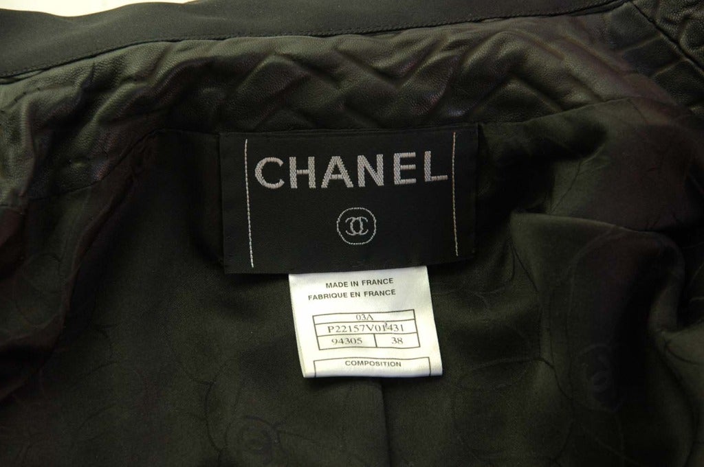 CHANEL Black Chevron Embossed Leather Jacket W. Satin Neck Tie Sz. 38 c. 2003 2