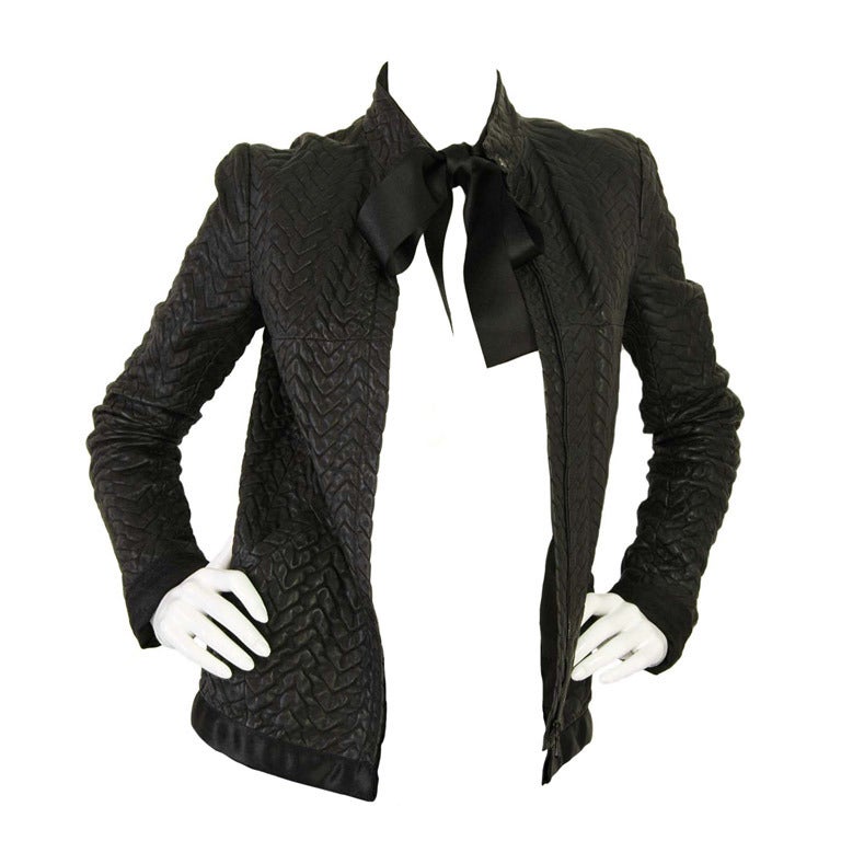 CHANEL Black Chevron Embossed Leather Jacket W. Satin Neck Tie Sz. 38 c. 2003