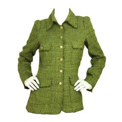 CHANEL Green Tweed Jacket W/Front Pockets - Sz 10