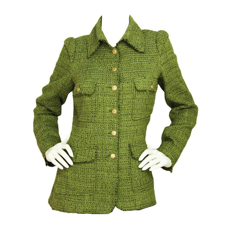 CHANEL Green Tweed Jacket W/Front Pockets - Sz 10 at | chanel green jacket, green chanel coat, green chanel jacket