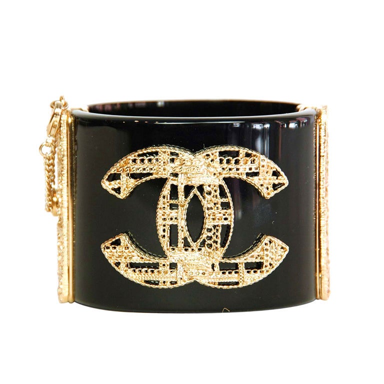 CHANEL NEW Black Resin Cuff With Filigree CC