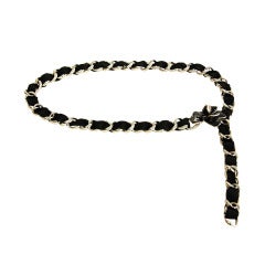 CHANEL Chain Belt With Black Woven Grosgrain Ribbon And Enamel Camelia