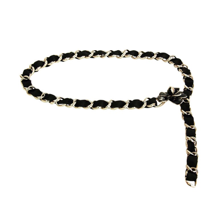 CHANEL Chain Belt With Black Woven Grosgrain Ribbon And Enamel Camelia