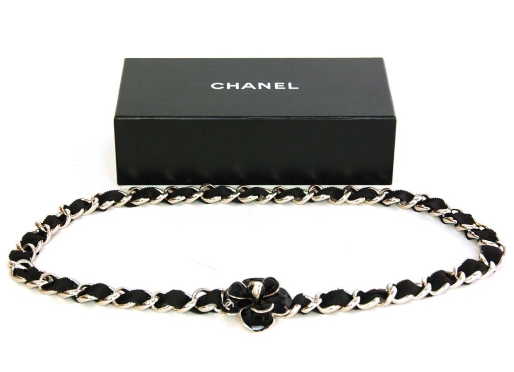 CHANEL Chain Belt With Black Woven Grosgrain Ribbon And Enamel Camelia In Excellent Condition In New York, NY