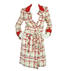 CHANEL 2004 Red/White/Mint Tweed Wrap Coat Dress with Belt - Sz 36