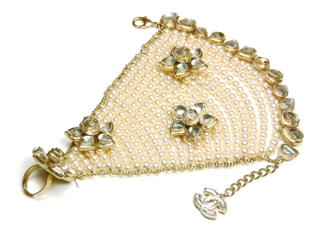 CHANEL Metiers d'art 2012 Faux Pearl Hand Chain Bracelet w. Attached Ring & Silver Gripoix Flowers RT. $3850