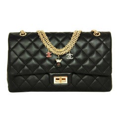 CHANEL Limited Edition Paris Shanghai Collection Black Quilted Leather Jumbo 2.55 Reissue Flap Bag With Charms
