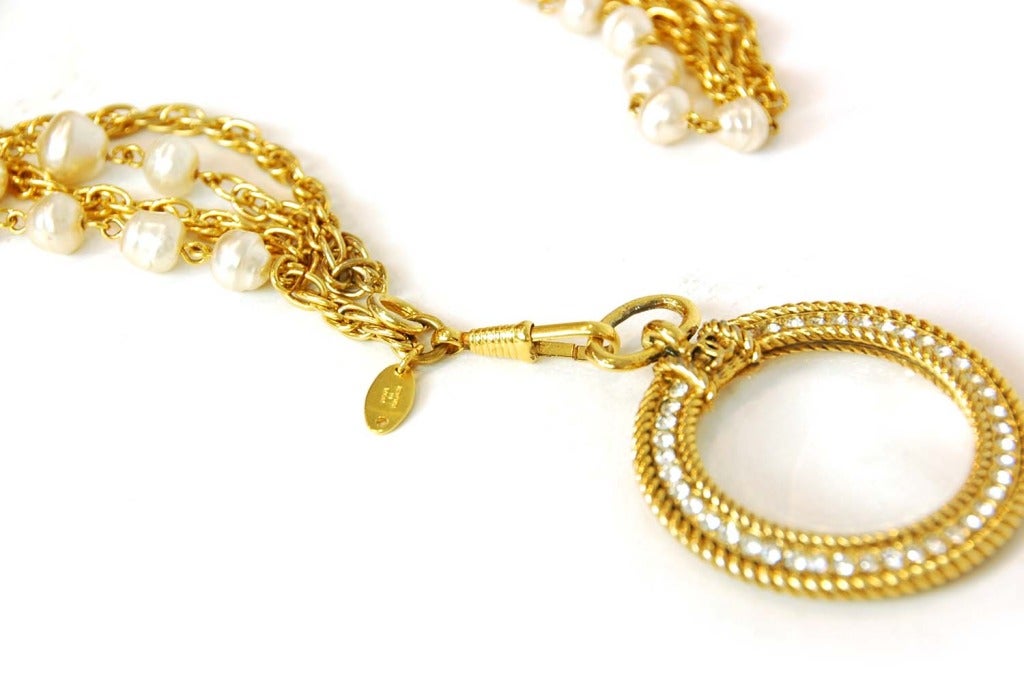 Chanel 1984 Double Chain Magnifying Glass Long Necklace w. Faux Pearls & Crystals In Good Condition In New York, NY