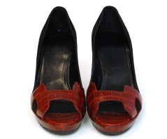 HERMES Black Suede Open Toe Shoes With Red Crocodile Trim - Sz 37 1/2/7.5