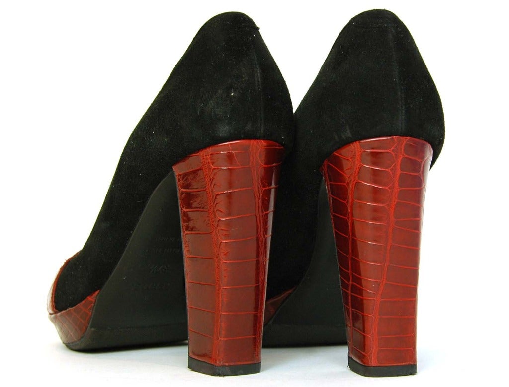Women's HERMES Black Suede Open Toe Shoes With Red Crocodile Trim - Sz 37 1/2/7.5