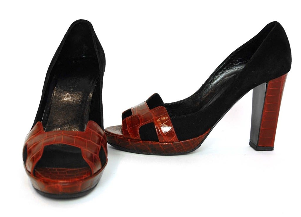 HERMES Black Suede Open Toe Shoes With Red Crocodile Trim - Sz 37 1/2/7.5 1