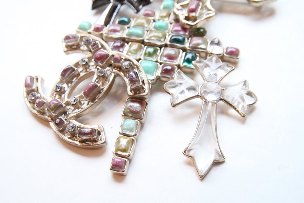 Chanel Rare Pastel Multi Cross and CC Resin Glass Crystal Brooch Pin In Excellent Condition In New York, NY