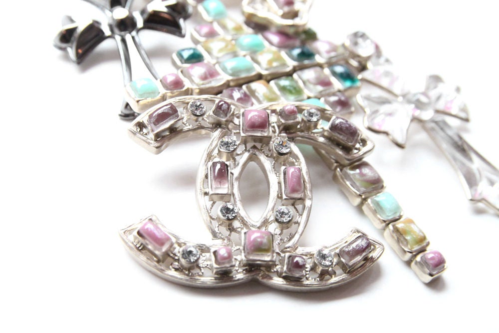 Women's Chanel Rare Pastel Multi Cross and CC Resin Glass Crystal Brooch Pin