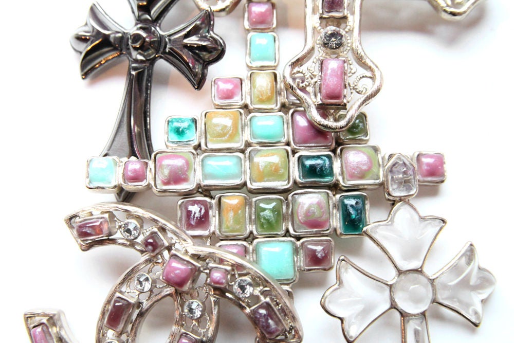 Chanel Rare Pastel Multi Cross and CC Resin Glass Crystal Brooch Pin 1