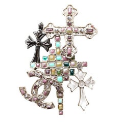 Vintage Chanel Rare Pastel Multi Cross and CC Resin Glass Crystal Brooch Pin