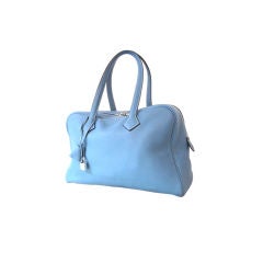 Used Hermes Blue Jean Clemence Leather Victoria Bag