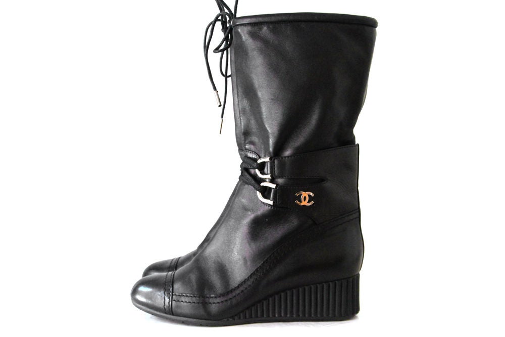 CHANEL 2010 BLACK LEATHER WEDGE BOOTS