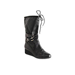 CHANEL 2010 BLACK LEATHER WEDGE BOOTS