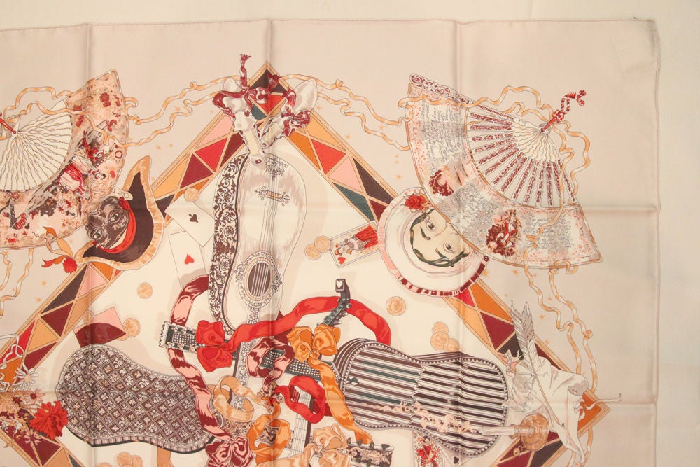 HERMES CHAMPAGNE/RED SILK SCARF W / BAUMWARD, MASK UND FANS