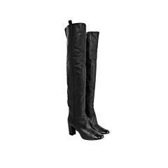 CHANEL BLACK LEATHER OVER THE KNEE BOOTS W/ PATENT TOE