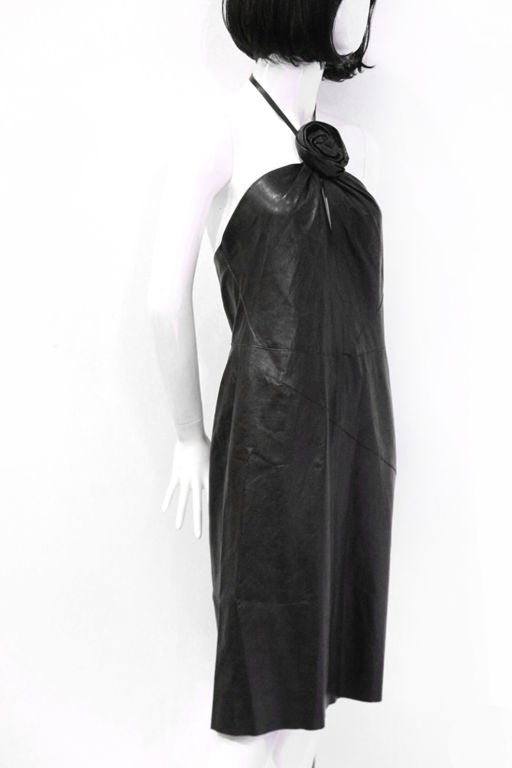Women's GUCCI BLACK LEATHER HALTER DRESS W/ FLOWER TRIM