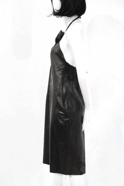 GUCCI BLACK LEATHER HALTER DRESS W/ FLOWER TRIM 1