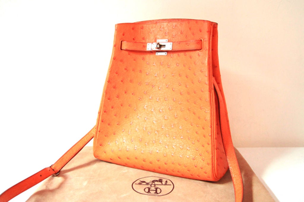 A celebrity favorite, the Hermes Kelly Sport Bag is a must-have addition to any Hermes lover's collection!<br />
<br />
Realized in orange exotic ostrich with palladium hardware.<br />
<br />
The bag closes with the traditional Kelly twist-lock