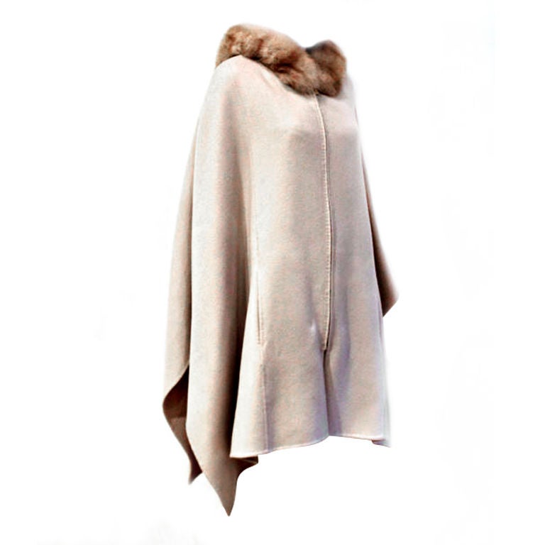 LORO PIANA GREY CASHMERE CAPE W/ SABLE FUR HOOD AND BELT at 1stDibs