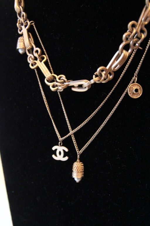 CHANEL 03A BRUSHED GOLDEN HOOK-AND-EYE W/ CC & BELL CHARMS 2