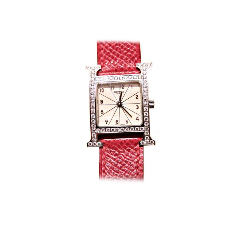 HERMES LADIES RED EPSOM LEATHER H HOUR DIAMOND CASE WATCH