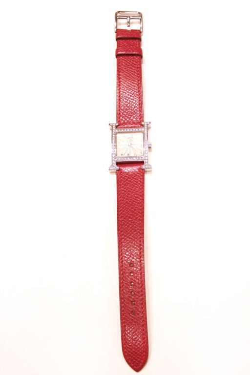 HERMES LADIES RED EPSOM LEATHER H HOUR DIAMOND CASE WATCH at 1stdibs