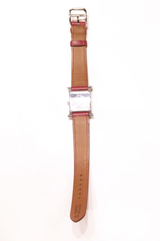 HERMES LADIES RED EPSOM LEATHER H HOUR DIAMOND CASE WATCH 1