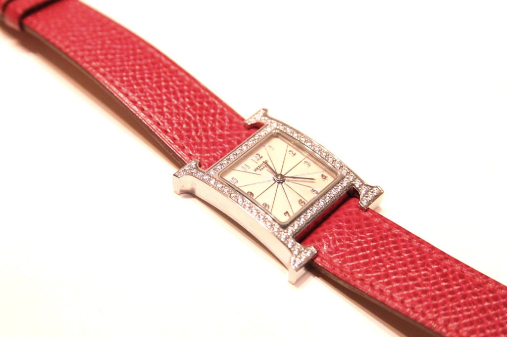 HERMES LADIES RED EPSOM LEATHER H HOUR DIAMOND CASE WATCH 2