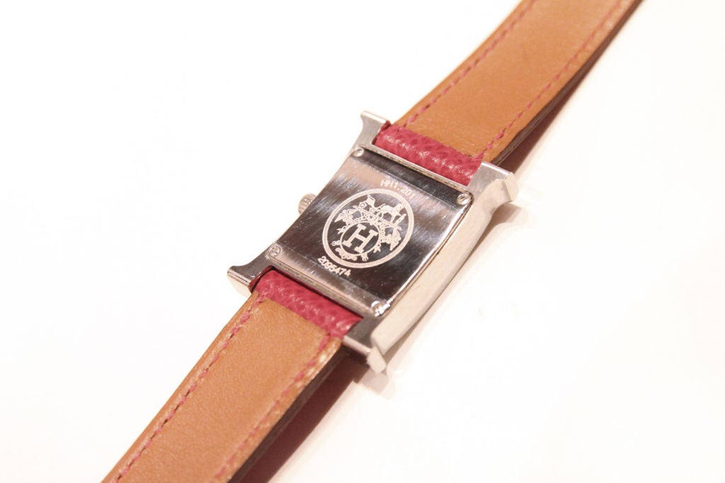 HERMES LADIES RED EPSOM LEATHER H HOUR DIAMOND CASE WATCH 3