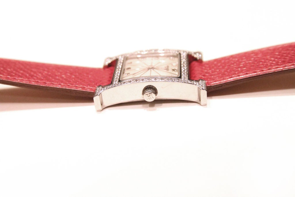 HERMES LADIES RED EPSOM LEATHER H HOUR DIAMOND CASE WATCH 4