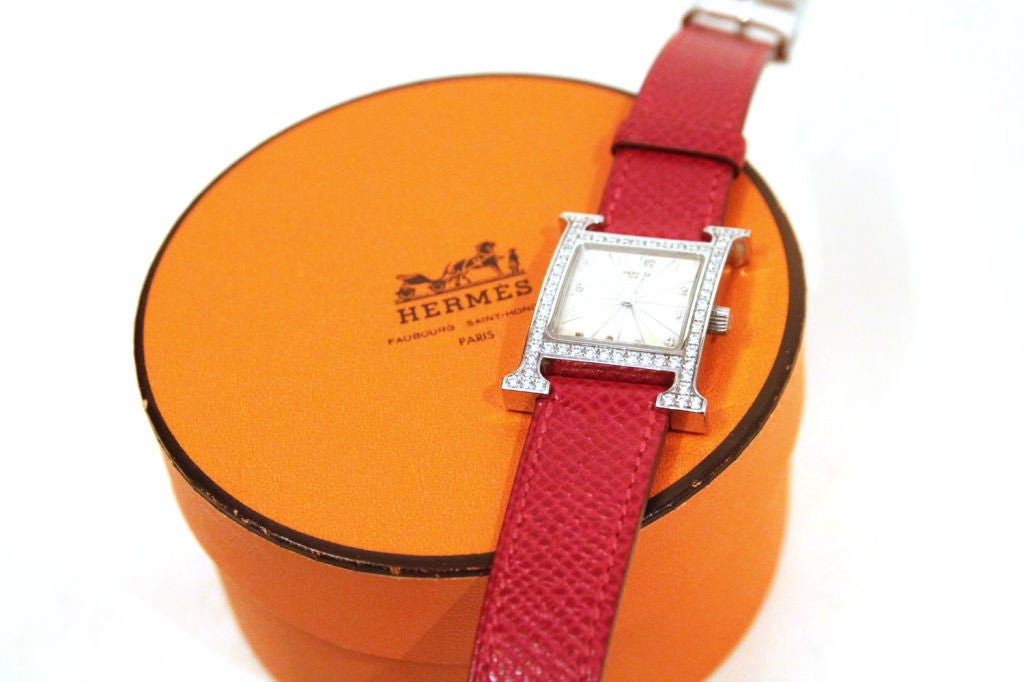 HERMES LADIES RED EPSOM LEATHER H HOUR DIAMOND CASE WATCH 7