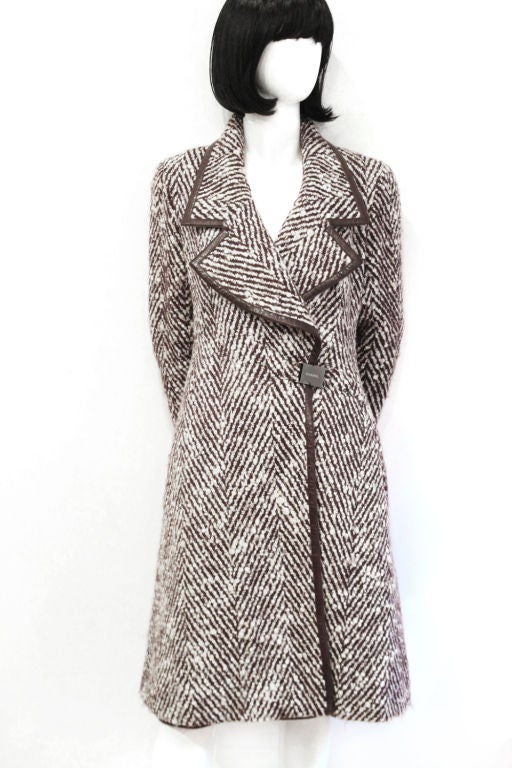 CHANEL 2pc Brown/White Tweed Coat & Skirt w. Leather Trim - sz38