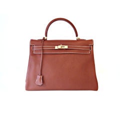 Vintage HERMES 2001 COGNAC FJORD KELLY 35 CM BAG W/ STRAP